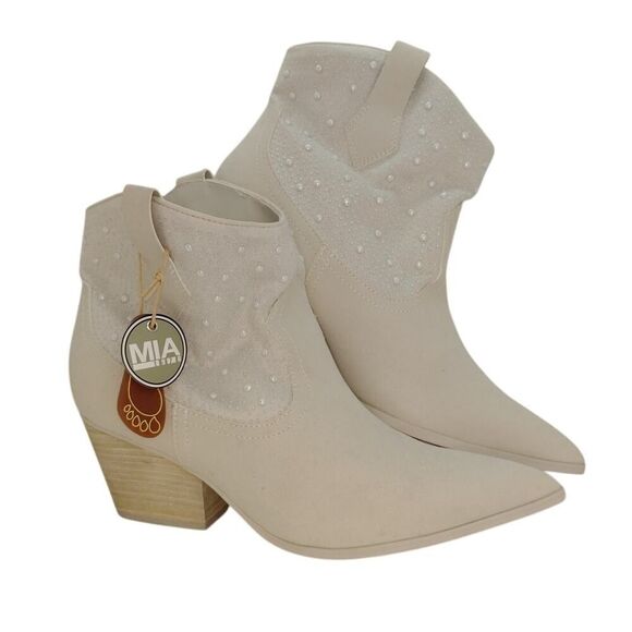 MIA Lau Anne Designer Womens NEW w/Tags Tan Embellished Ankle Boots - sz. 8 1/2 - Picture 1 of 7